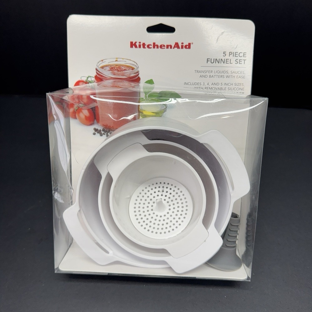 KitchenAid 5 Piece White Funnel Set 3" 4" 5" Removable Strainer & Spout Canning